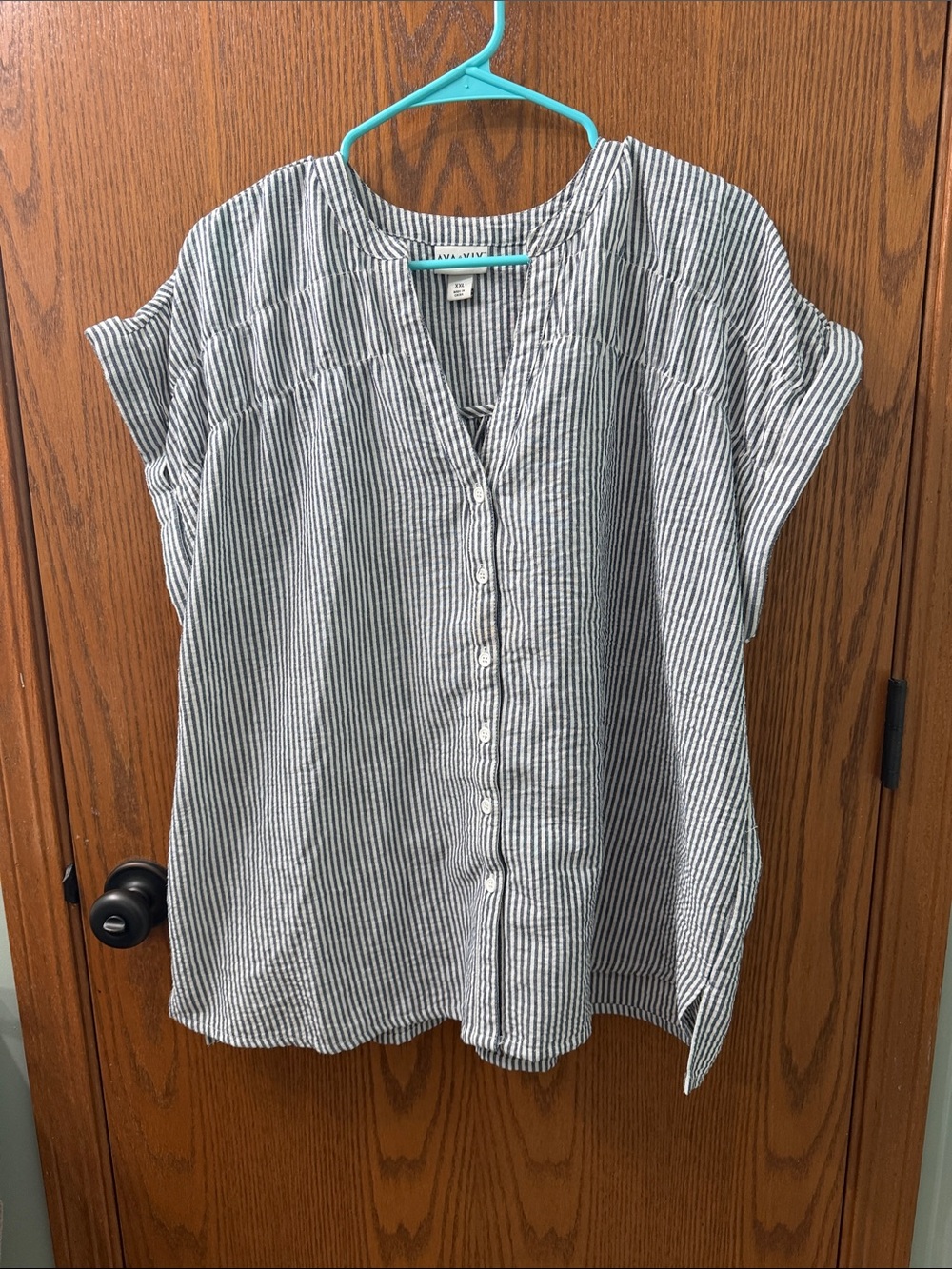 Ava & Viv Blue and White Striped Button-Front Top